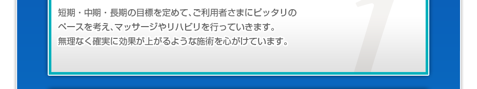 短期・中期・長期の目標を定めて、ご利用者さまにピッタリのペースを考え、マッサージやリハビリを行っていきます。無理なく確実に効果が上がるような施術を心がけています。