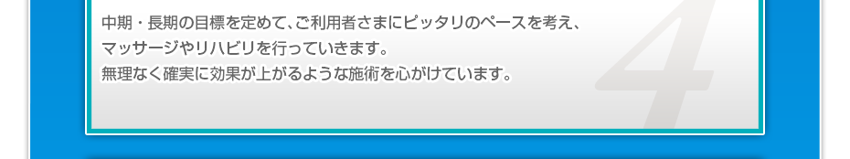 中期・長期の目標を定めて、ご利用者さまにピッタリのペースを考え、マッサージやリハビリを行っていきます。無理なく確実に効果が上がるような施術を心がけています。